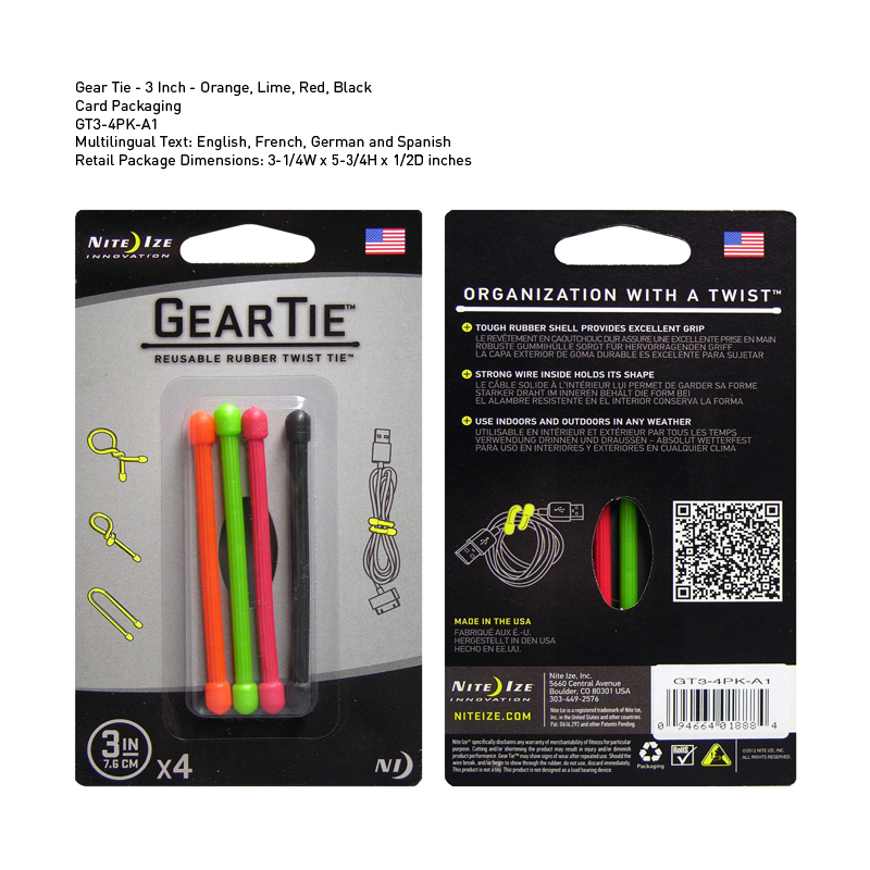 Niteize Gear Tie 3 Inch Assorted 4 Pack