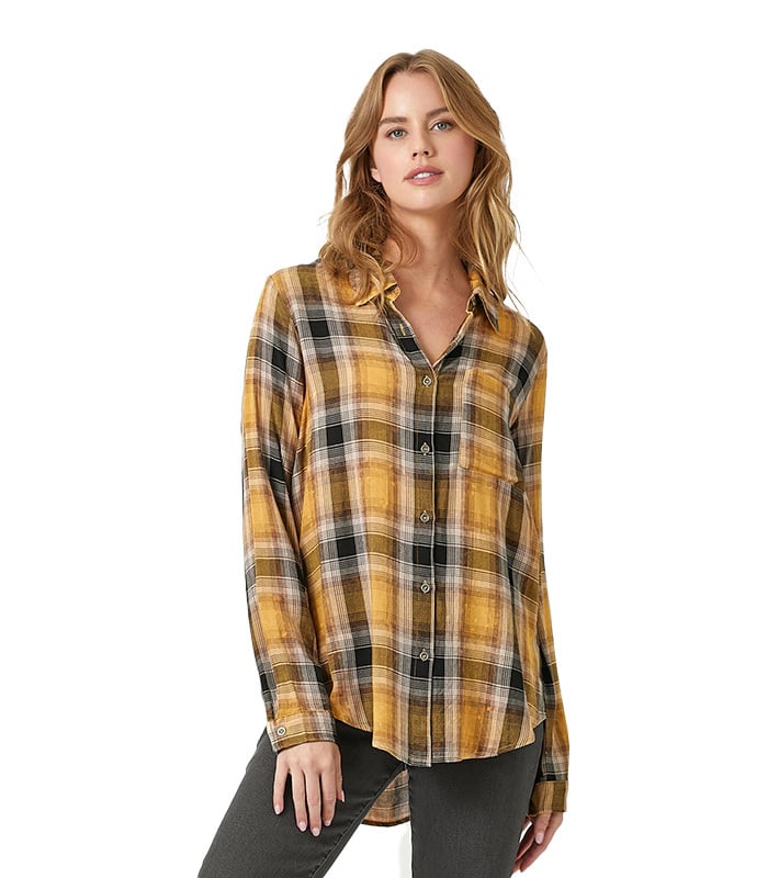 Mystree Washed Plaid Button Down Long Sleeve Shirt - Women`s